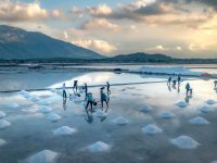 pexels-photo-33326767-33326767 Workers harvesting salt in a stunning landscape at sunrise.